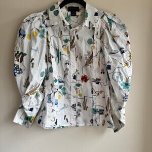 Gracia Whimsical Western Print Blouse White Collared Pleated Balloon Sleeve Sz S